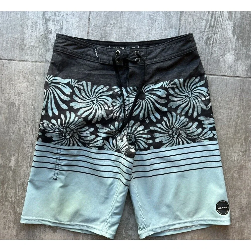O'Neill Hyperfreak Heist Boardshorts Boys Mint Green Tropical Swim Trunks 23in 8